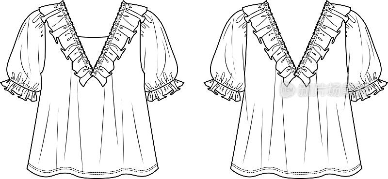 矢量喇叭气球袖衬衫时装CAD, v领女人上衣与褶边草图，平面模板，技术图纸。针织或梭织上衣，有正反两面，白色
